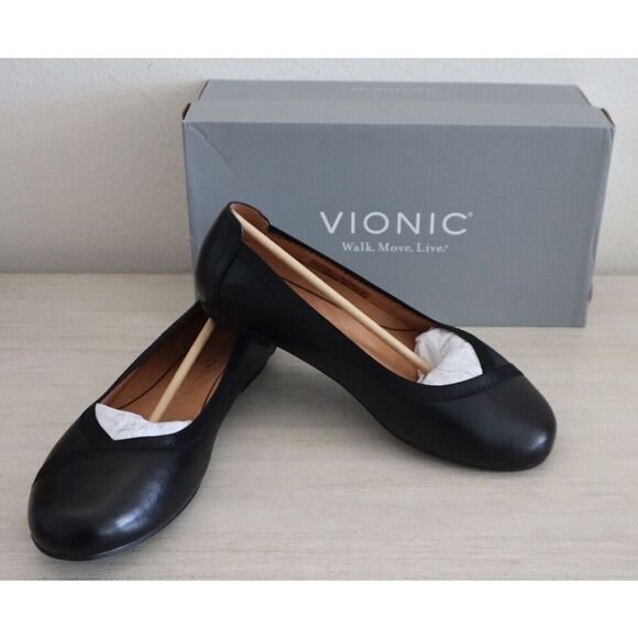 Vionic 10010058001 Women Sz 6.5W Black Leather Caroll Slip-On Ballet Flats - Picture 1 of 11
